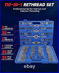 110PCS Tap and Die Set, Metric Tap and Die Rethreading Kit, Thread Chaser Set