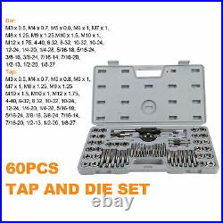 60Pcs Tap & Die Set SAE Metric Rethread Kit for Cutting External Internal Thread