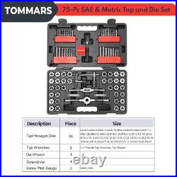 TOMMARS 75-Pc SAE & Metric Tap and Die Set Hex Thread M3 to M12 and 4-40 1/2-20